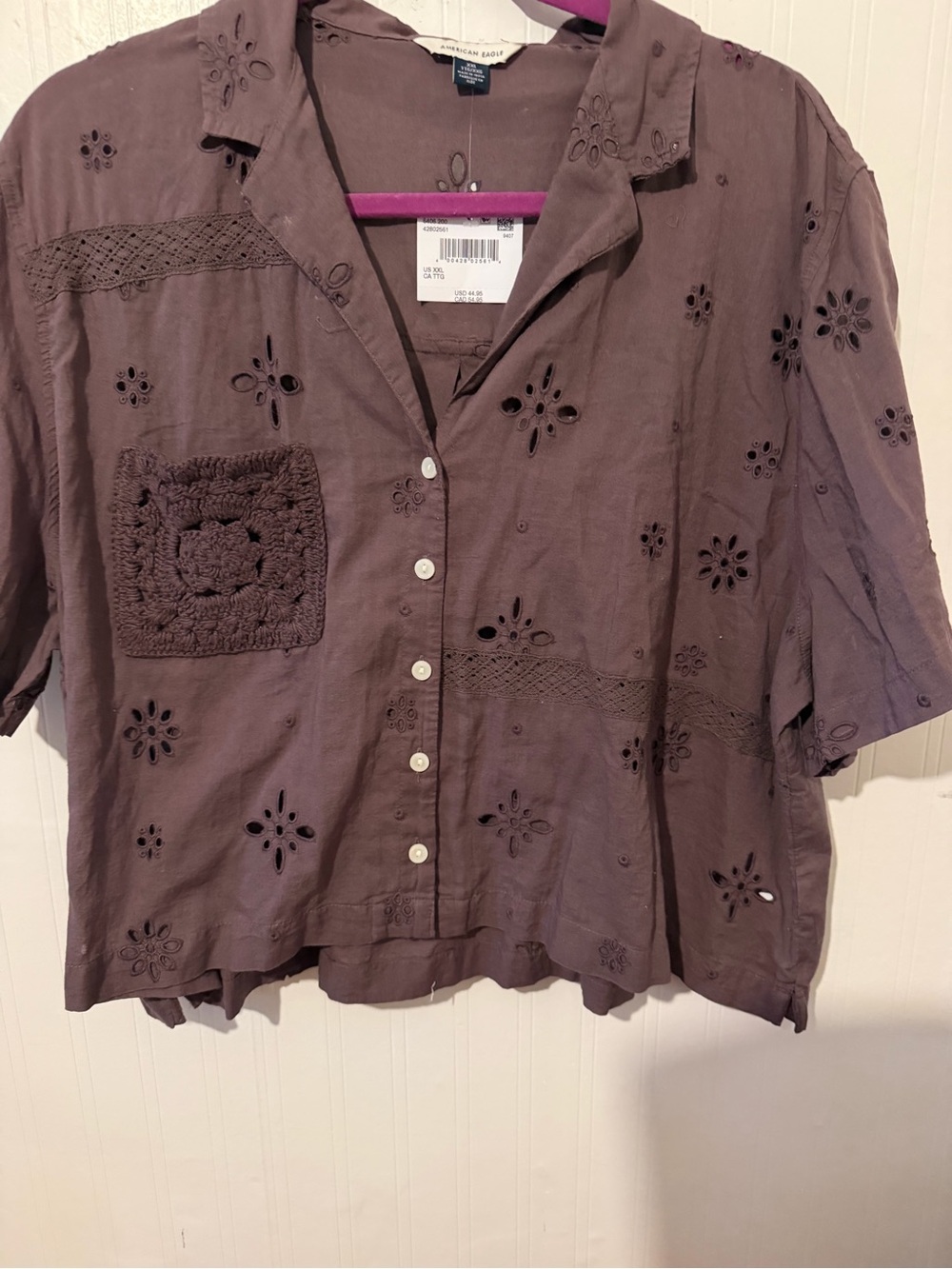 American Eagle chocolate brown Eyelet Button-Front Women’s Top NWT XXL